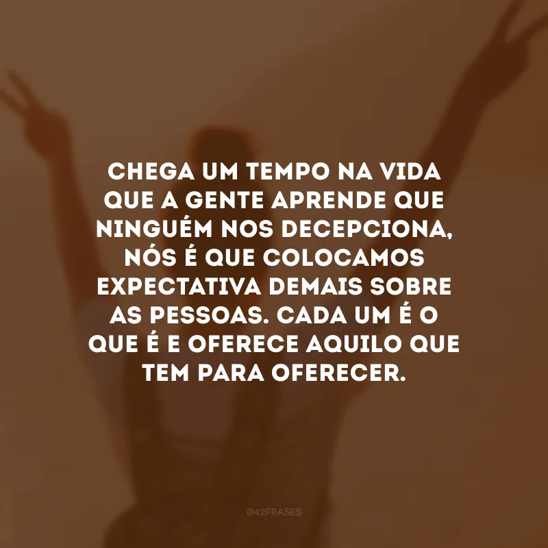 Chega um tempo na vida que a gente aprende que ninguém nos decepciona, nós é que colocamos expectativa demais sobre as pessoas. Cada um é o que é e oferece aquilo que tem para oferecer.