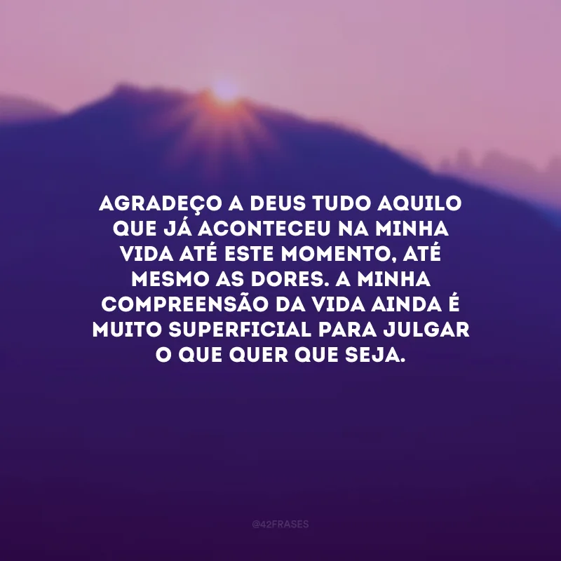 Agradeço a Deus tudo aquilo que já aconteceu na minha vida até este momento, até mesmo as dores. A minha compreensão da vida ainda é muito superficial para julgar o que quer que seja.