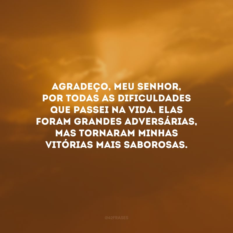 Agradeço, meu Senhor, por todas as dificuldades que passei na vida. Elas foram grandes adversárias, mas tornaram minhas vitórias mais saborosas.