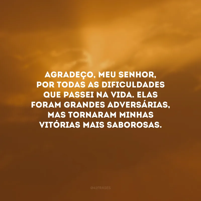 Agradeço, meu Senhor, por todas as dificuldades que passei na vida. Elas foram grandes adversárias, mas tornaram minhas vitórias mais saborosas.