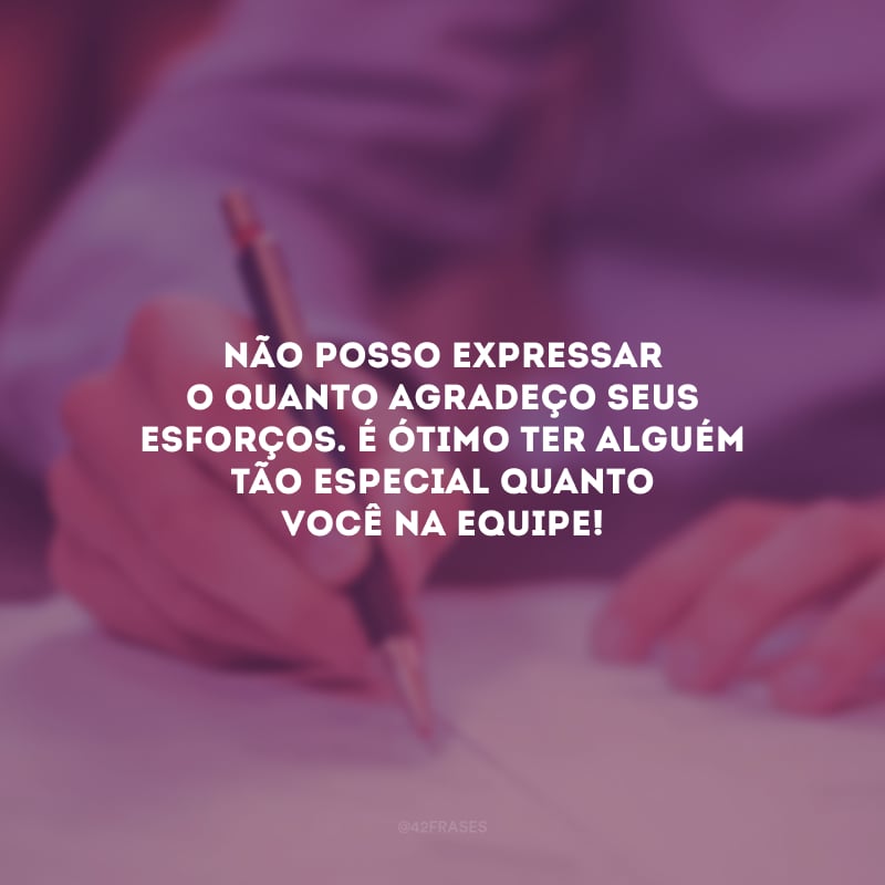 Não posso expressar o quanto agradeço seus esforços. É ótimo ter alguém tão especial quanto você na equipe!