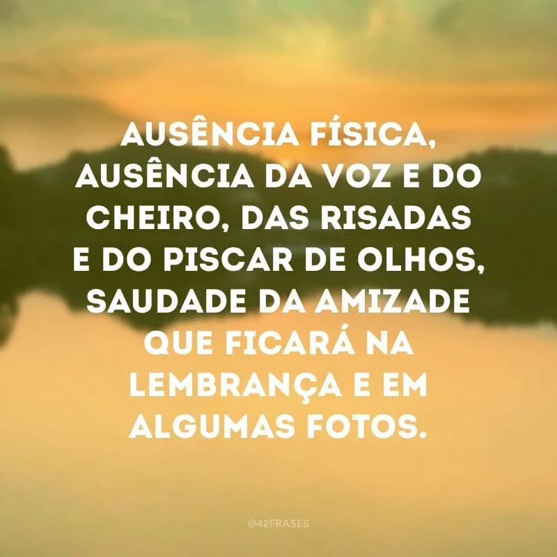 Ausência física, ausência da voz e do cheiro, das risadas e do piscar de olhos, saudade da amizade que ficará na lembrança e em algumas fotos. 