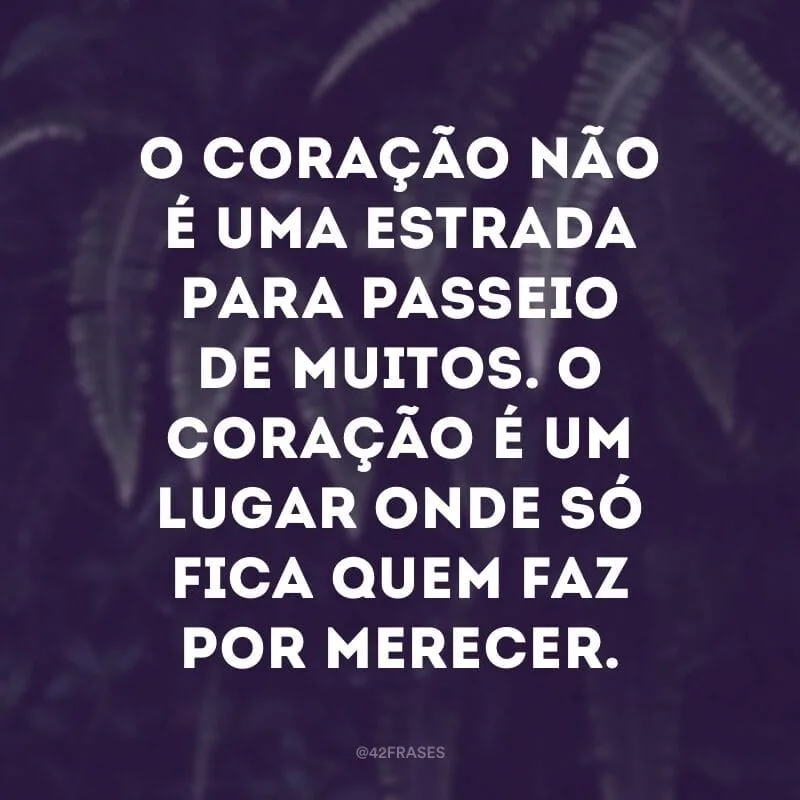 O coração não é uma estrada para passeio de muitos. O coração é um lugar onde só fica quem faz por merecer.