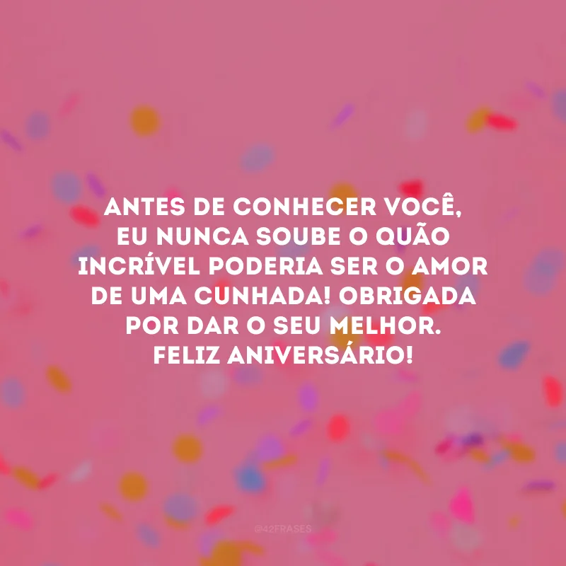 Antes de conhecer você, eu nunca soube o quão incrível poderia ser o amor de uma cunhada! Obrigada por dar o seu melhor. Feliz aniversário!