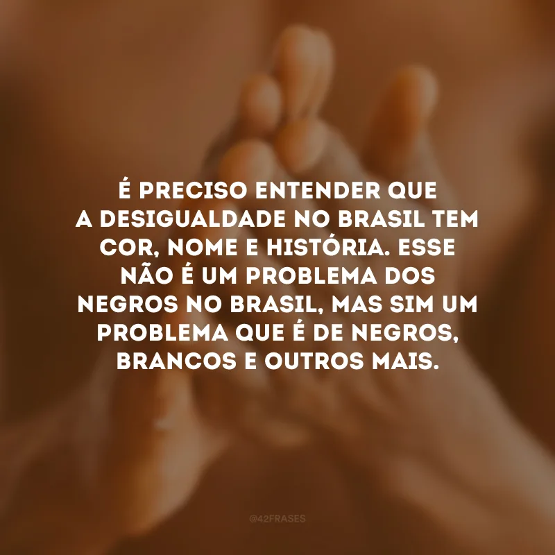 É preciso entender que a desigualdade no Brasil tem cor, nome e história. Esse não é um problema dos negros no Brasil, mas sim um problema que é de negros, brancos e outros mais.