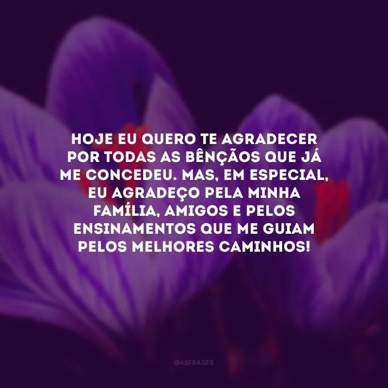Hoje eu quero Te agradecer por todas as bênçãos que já me concedeu. Mas, em especial, eu agradeço pela minha família, amigos e pelos ensinamentos que me guiam pelos melhores caminhos!