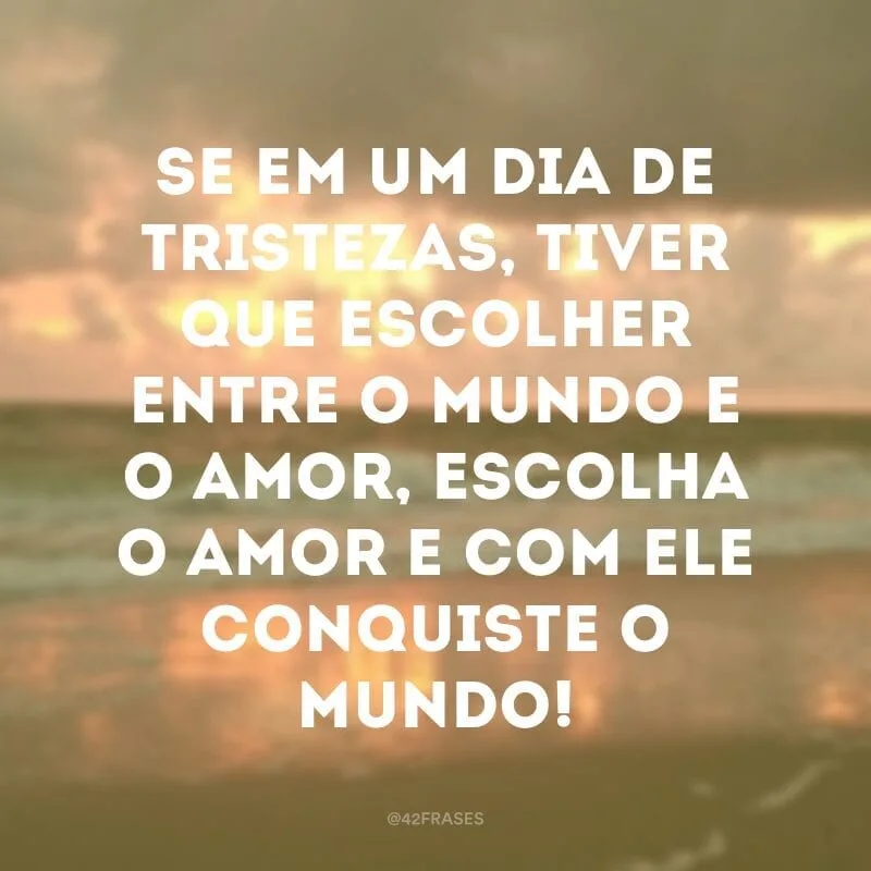 Se em um dia de tristezas, tiver que escolher entre o mundo e o amor, escolha o amor e com ele conquiste o mundo!