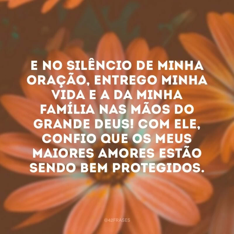 E no silêncio de minha oração, entrego minha vida e a da minha família nas mãos do grande Deus! Com ele, confio que os meus maiores amores estão sendo bem protegidos.