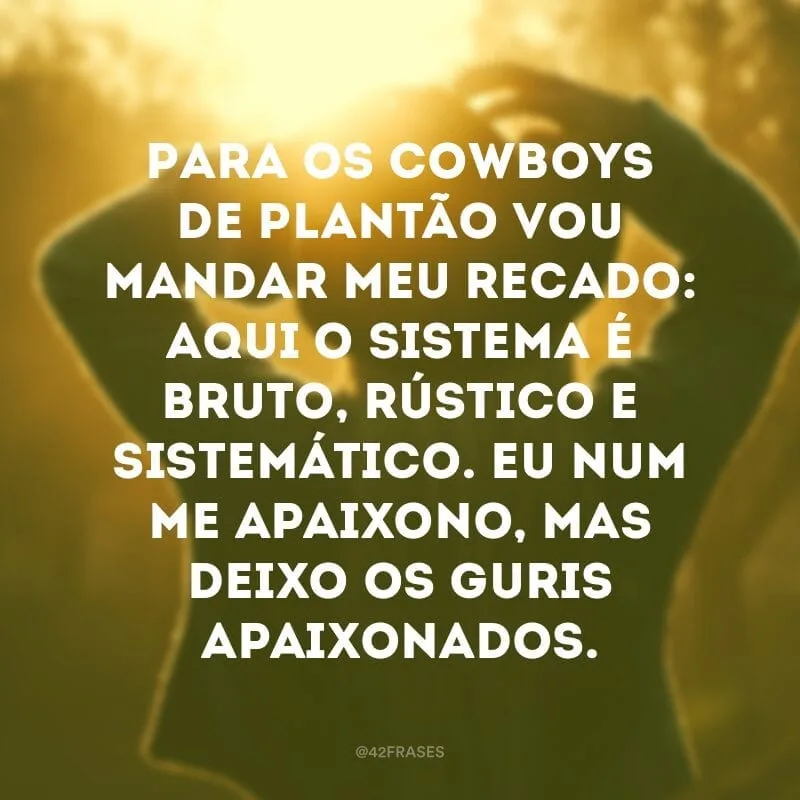 Para os cowboys de plantão vou mandar meu recado: aqui o sistema é bruto, rústico e sistemático. Eu num me apaixono, mas deixo os guris apaixonados.