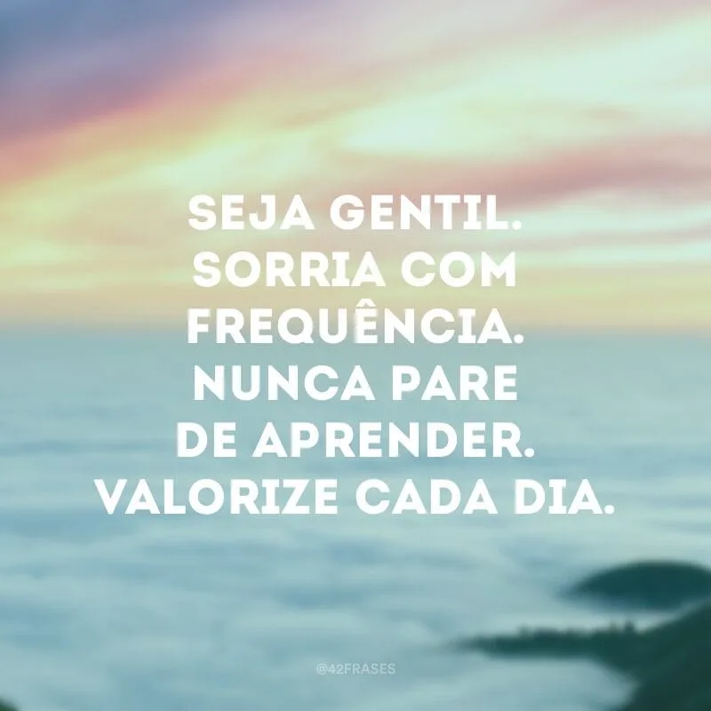 Seja gentil. Sorria com frequência. Nunca pare de aprender. Valorize cada dia.
