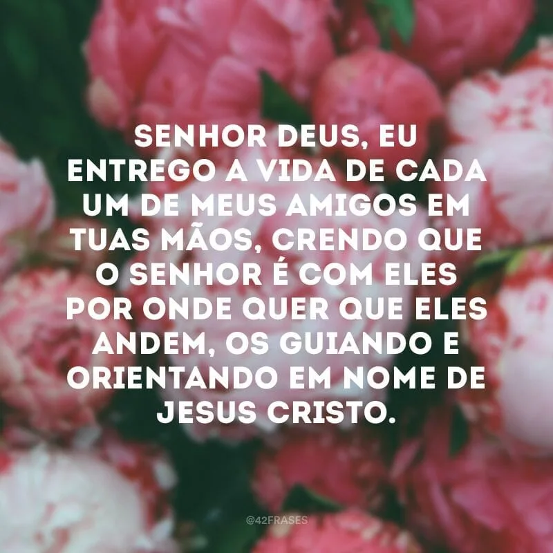 Senhor Deus, eu entrego a vida de cada um de meus amigos em tuas mãos, crendo que o Senhor é com eles por onde quer que eles andem, os guiando e orientando em nome de Jesus Cristo.