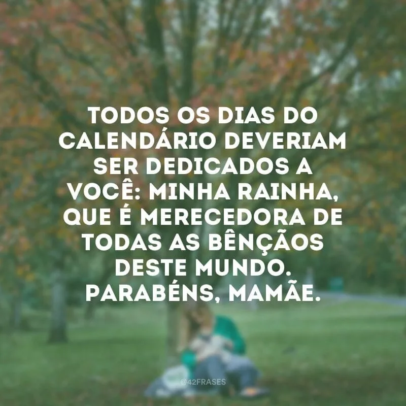 Todos os dias do calendário deveriam ser dedicados a você: minha rainha, que é merecedora de todas as bênçãos deste mundo. Parabéns, mamãe.