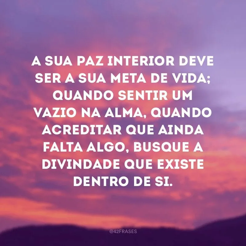 A sua paz interior deve ser a sua meta de vida; quando sentir um vazio na alma, quando acreditar que ainda falta algo, busque a divindade que existe dentro de si.