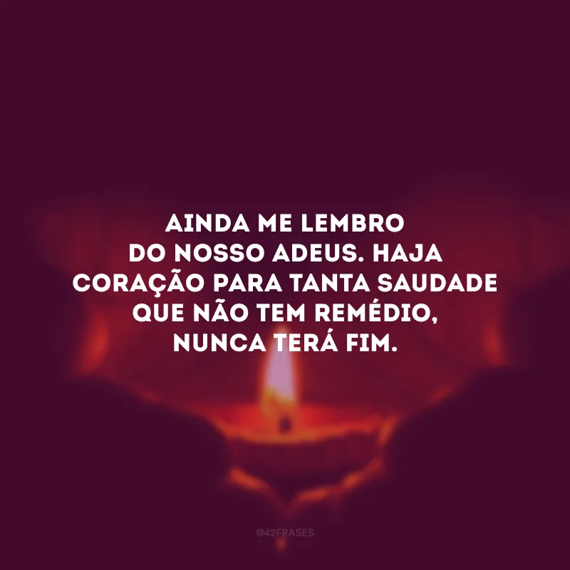 Ainda me lembro do nosso adeus. Haja coração para tanta saudade que não tem remédio, nunca terá fim.