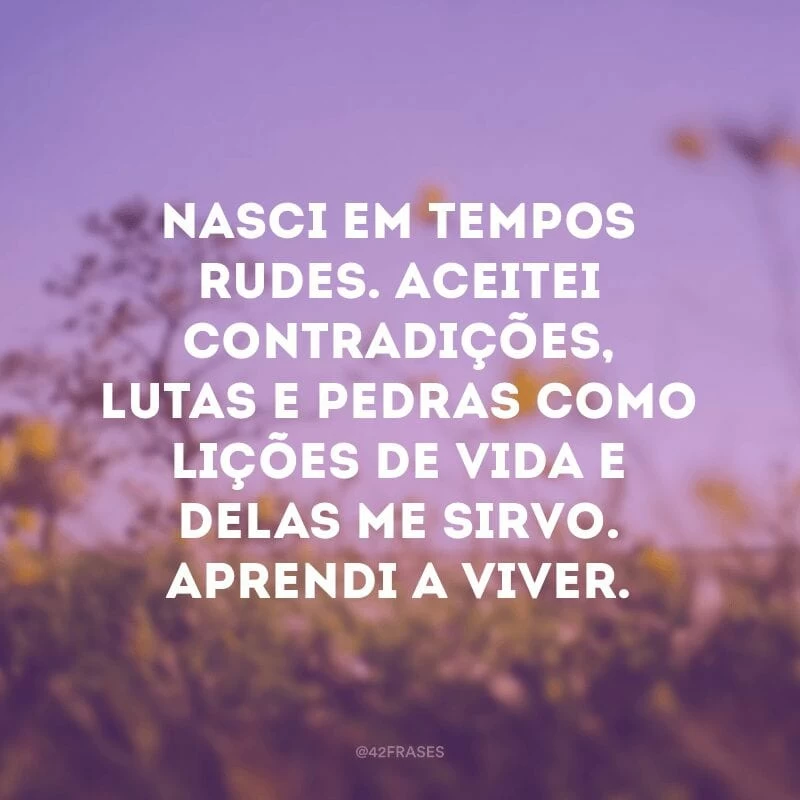 Nasci em tempos rudes. Aceitei contradições, lutas e pedras como lições de vida e delas me sirvo. Aprendi a viver.