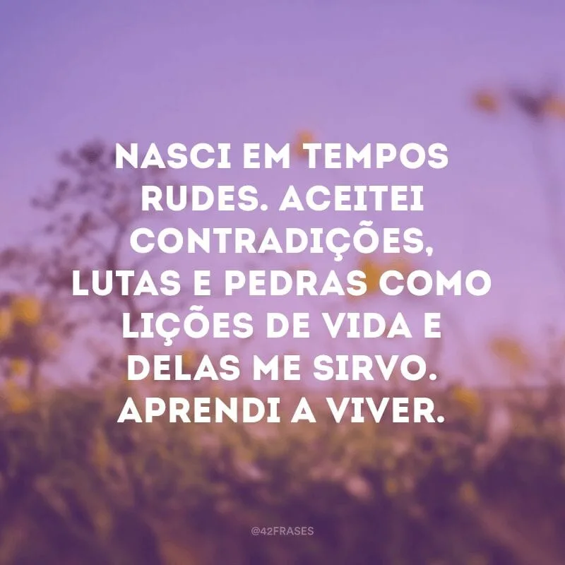 Nasci em tempos rudes. Aceitei contradições, lutas e pedras como lições de vida e delas me sirvo. Aprendi a viver.