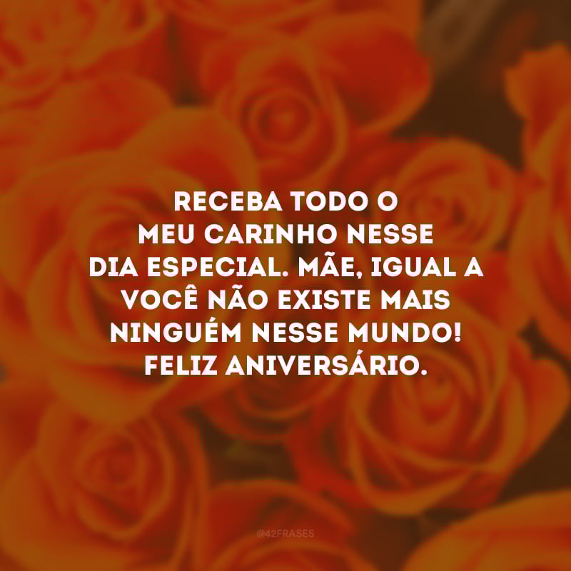 Receba todo o meu carinho nesse dia especial. Mãe, igual a você não existe mais ninguém nesse mundo! Feliz aniversário.