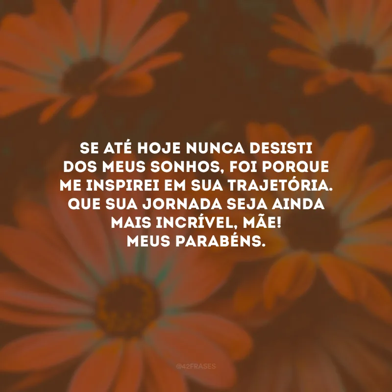 Se até hoje nunca desisti dos meus sonhos, foi porque me inspirei em sua trajetória. Que sua jornada seja ainda mais incrível, mãe! Meus parabéns.