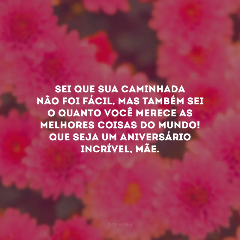 Sei que sua caminhada não foi fácil, mas também sei o quanto você merece as melhores coisas do mundo! Que seja um aniversário incrível, mãe.