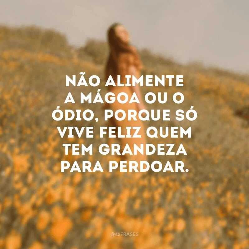 Não alimente a mágoa ou o ódio, porque só vive feliz quem tem grandeza para perdoar.