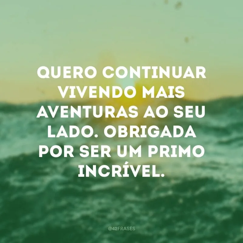 Quero continuar vivendo mais aventuras ao seu lado. Obrigada por ser um primo incrível.
