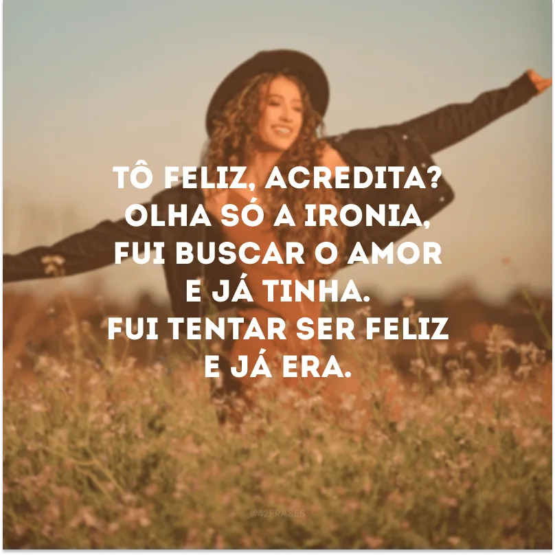 Tô feliz, acredita? Olha só a ironia, fui buscar o amor e já tinha. Fui tentar ser feliz e já era.