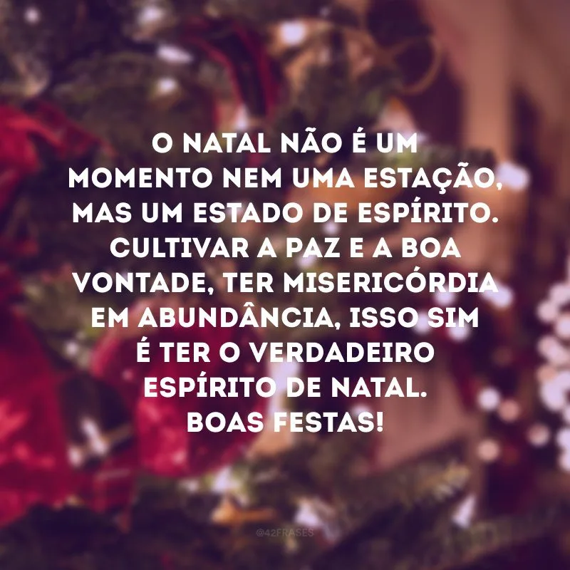 O Natal não é um momento nem uma estação, mas um estado de espírito. Cultivar a paz e a boa vontade, ter misericórdia em abundância, isso sim é ter o verdadeiro espírito de Natal. Boas Festas!