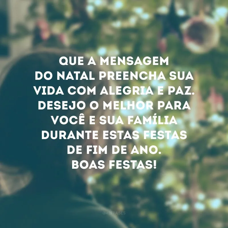 Que a mensagem do Natal preencha sua vida com alegria e paz. Desejo o melhor para você e sua família durante estas festas de fim de ano. Boas Festas!