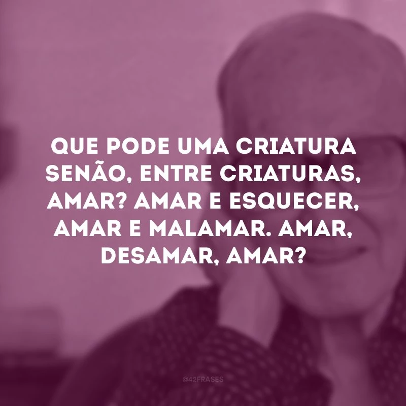 Que pode uma criatura senão, entre criaturas, amar? Amar e esquecer, amar e malamar. Amar, desamar, amar?