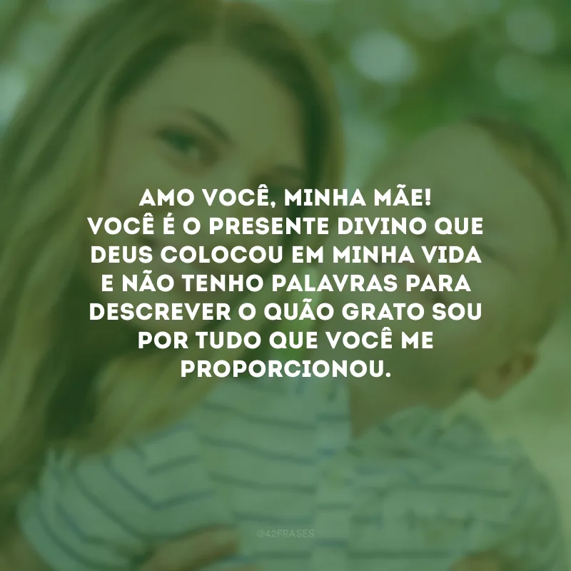Amo você, minha mãe! Você é o presente divino que Deus colocou em minha vida e não tenho palavras para descrever o quão grato sou por tudo que você me proporcionou.