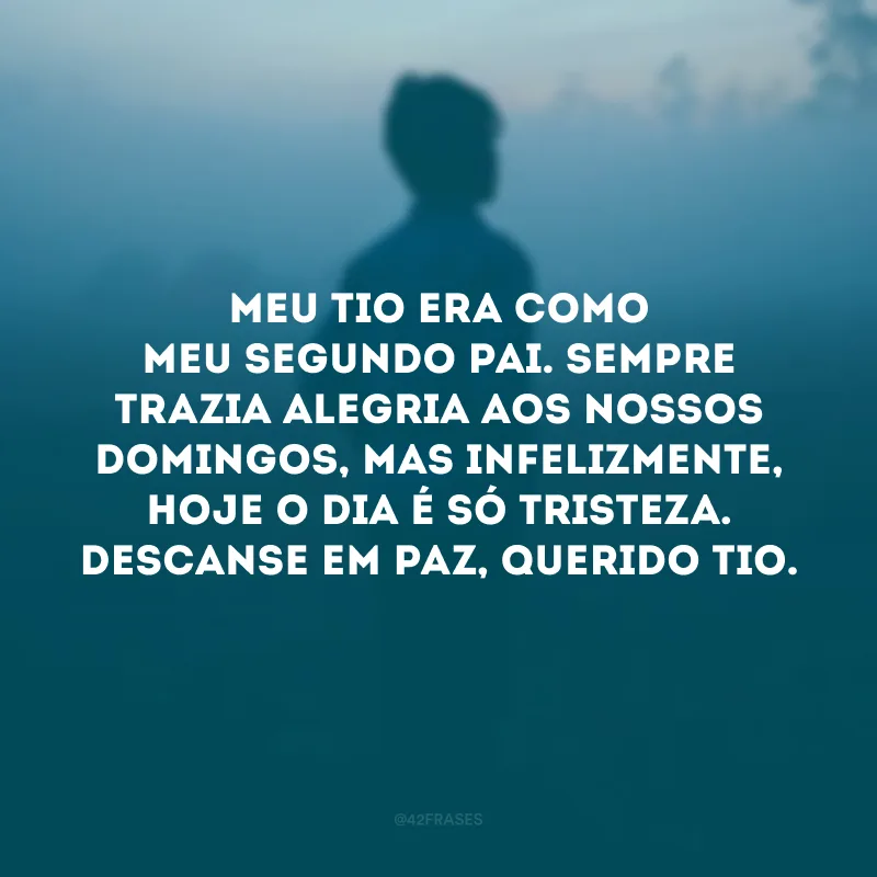 Meu tio era como meu segundo pai. Sempre trazia alegria aos nossos domingos, mas infelizmente, hoje o dia é só tristeza. Descanse em paz, querido tio.