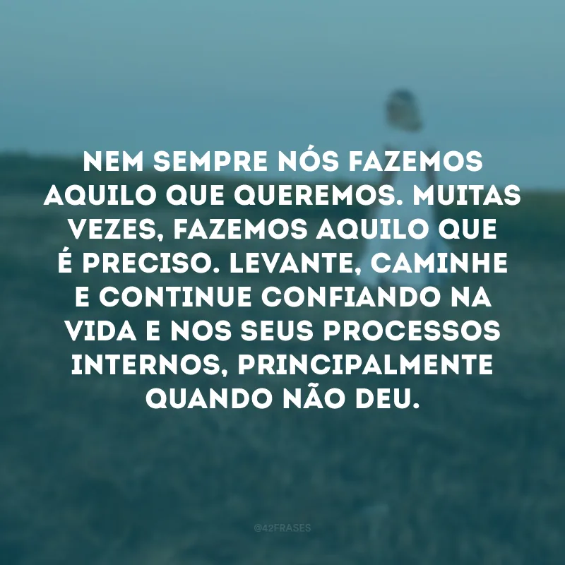Nem sempre nós fazemos aquilo que queremos. Muitas vezes, fazemos aquilo que é preciso. Levante, caminhe e continue confiando na vida e nos seus processos internos, principalmente quando não deu. 