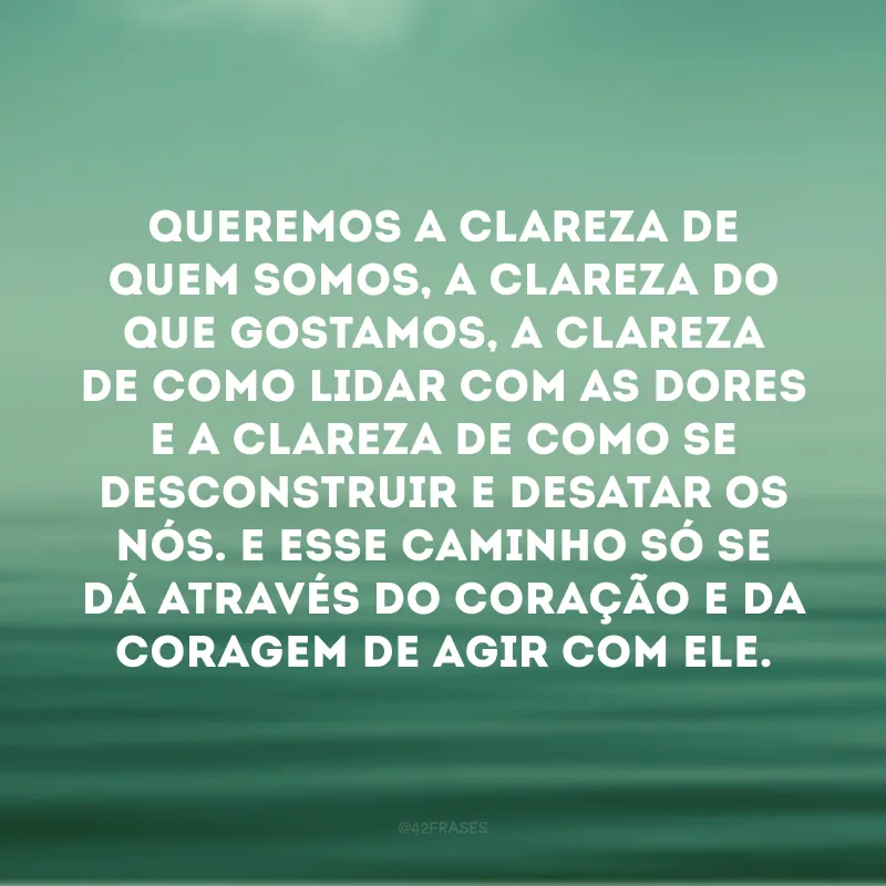 Queremos a clareza de quem somos, a clareza do que gostamos, a clareza de como lidar com as dores e a clareza de como se desconstruir e desatar os nós. E esse caminho só se dá através do coração e da coragem de agir com ele. 