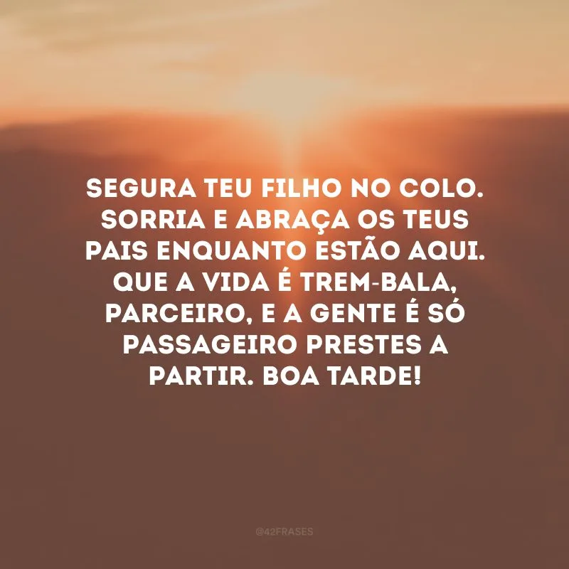 Segura teu filho no colo. Sorria e abraça os teus pais enquanto estão aqui. Que a vida é trem-bala, parceiro, e a gente é só passageiro prestes a partir. Boa tarde!
