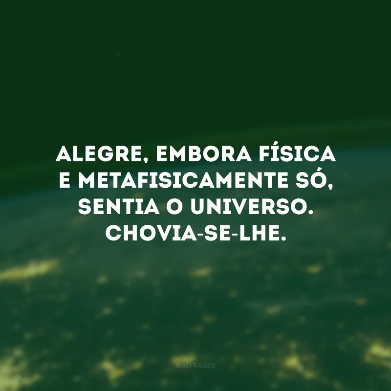 Alegre, embora física e metafisicamente só, sentia o universo. Chovia-se-lhe.