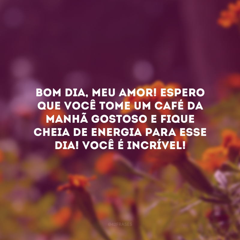 Bom dia, meu amor! Espero que você tome um café da manhã gostoso e fique cheia de energia para esse dia! Você é incrível!