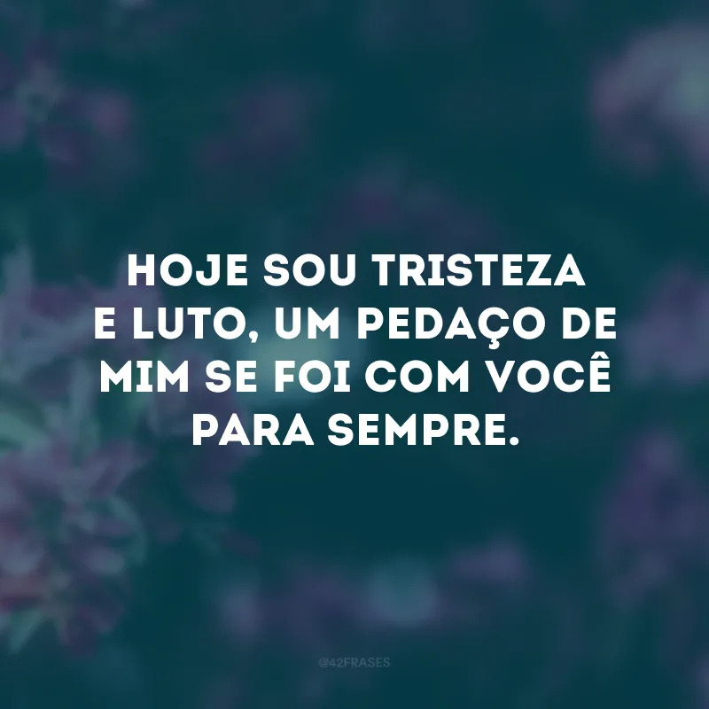 Hoje sou tristeza e luto, um pedaço de mim se foi com você para sempre. 
