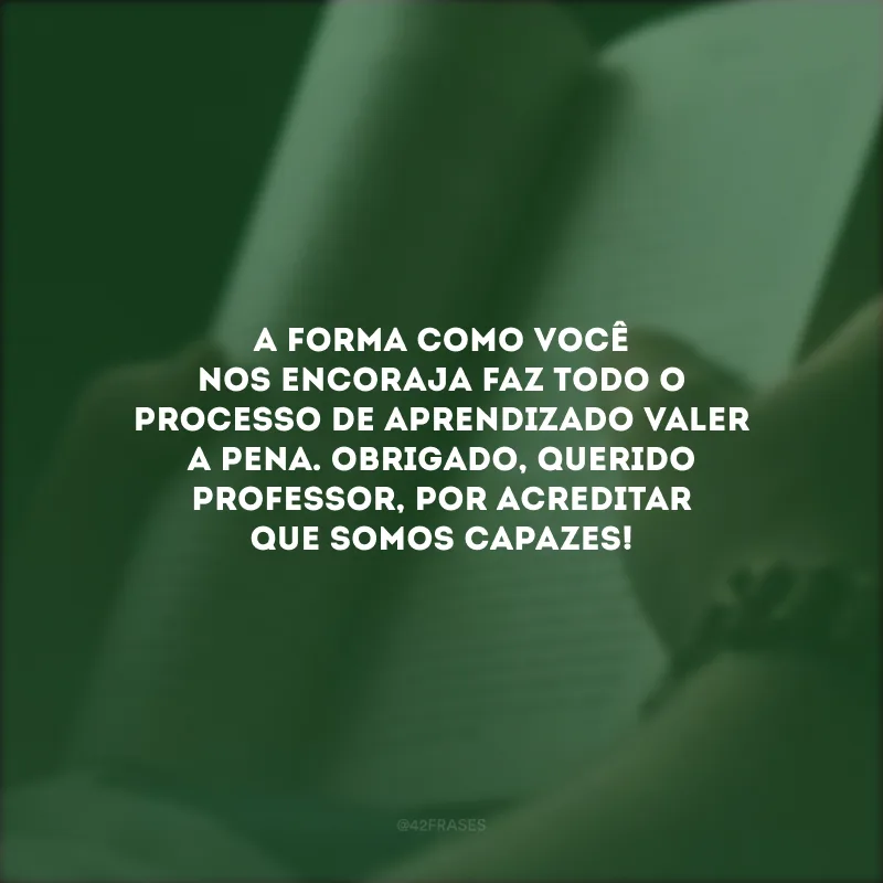 A forma como você nos encoraja faz todo o processo de aprendizado valer a pena. Obrigado, querido professor, por acreditar que somos capazes!