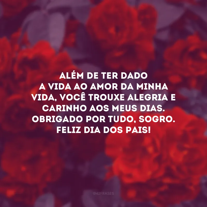 Além de ter dado a vida ao amor da minha vida, você trouxe alegria e carinho aos meus dias. Obrigado por tudo, sogro. Feliz Dia dos Pais!