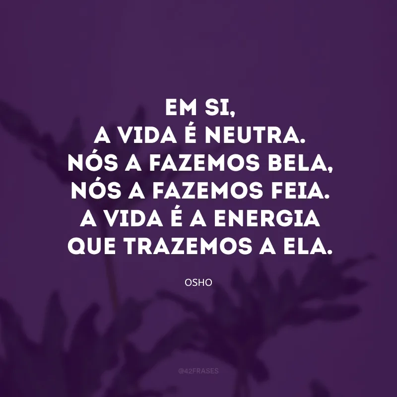 Em si, a vida é neutra. Nós a fazemos bela, nós a fazemos feia. A vida é a energia que trazemos a ela.