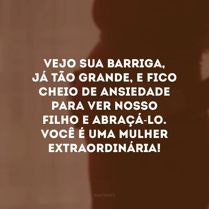 Vejo sua barriga, já tão grande, e fico cheio de ansiedade para ver nosso filho e abraçá-lo. Você é uma mulher extraordinária!
