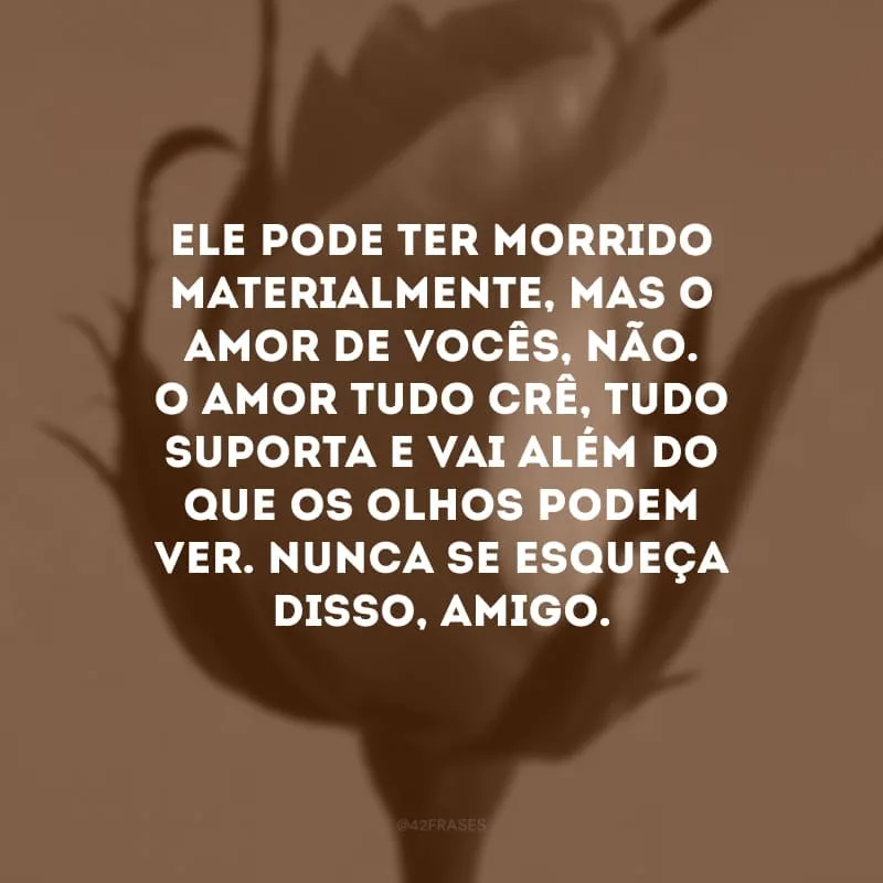 Ele pode ter morrido materialmente, mas o amor de vocês, não. O amor tudo crê, tudo suporta e vai além do que os olhos podem ver. Nunca se esqueça disso, amigo.