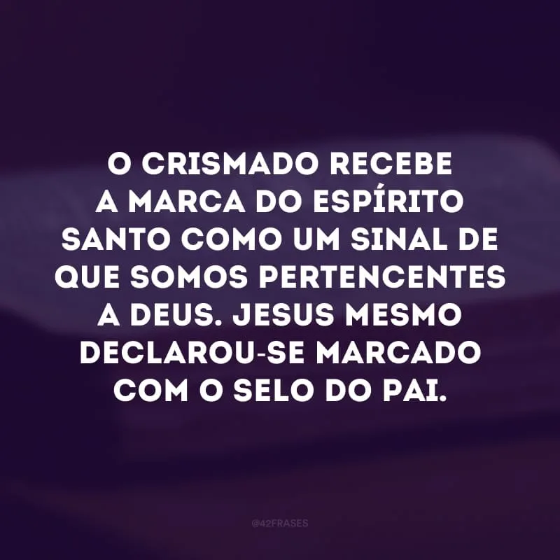 O crismado recebe a marca do Espírito Santo como um sinal de que somos pertencentes a Deus. Jesus mesmo declarou-se marcado com o selo do Pai. 