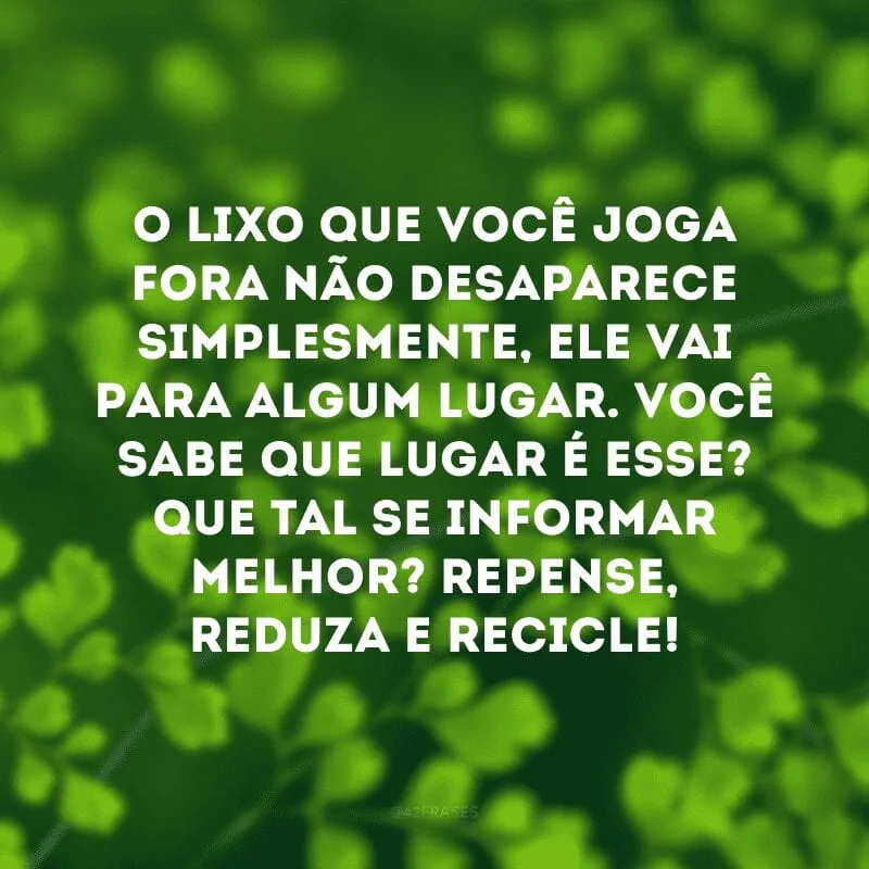 O lixo que você joga fora não desaparece simplesmente, ele vai para algum lugar. Você sabe que lugar é esse? Que tal se informar melhor? Repense, reduza e recicle! 