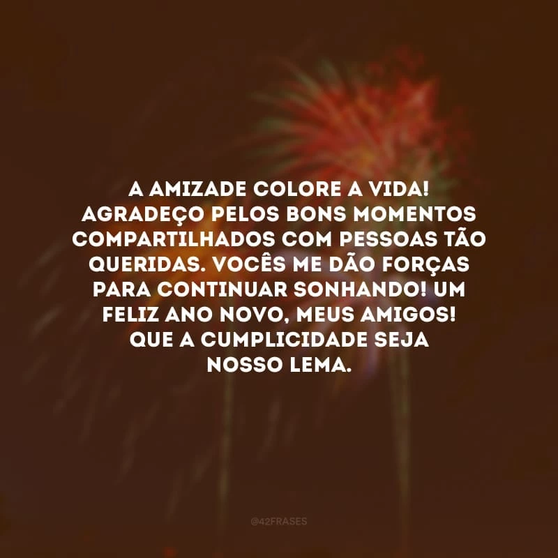 A amizade colore a vida! Agradeço pelos bons momentos compartilhados com pessoas tão queridas. Vocês me dão forças para continuar sonhando! Um feliz Ano Novo, meus amigos! Que a cumplicidade seja nosso lema.
