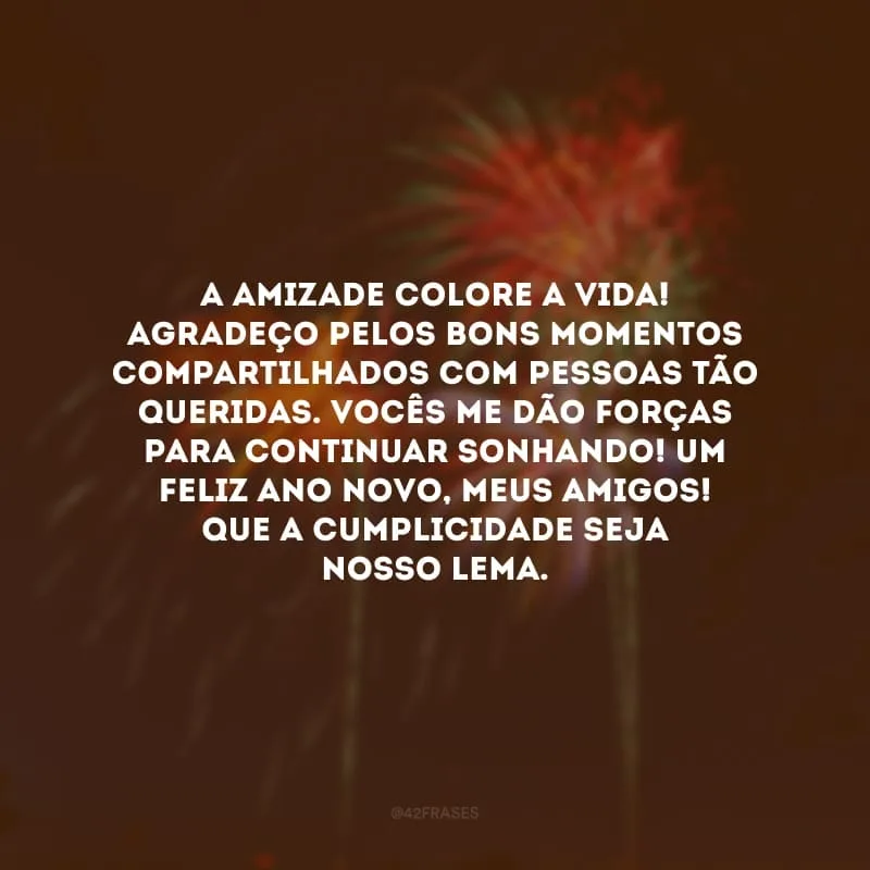 A amizade colore a vida! Agradeço pelos bons momentos compartilhados com pessoas tão queridas. Vocês me dão forças para continuar sonhando! Um feliz Ano Novo, meus amigos! Que a cumplicidade seja nosso lema.