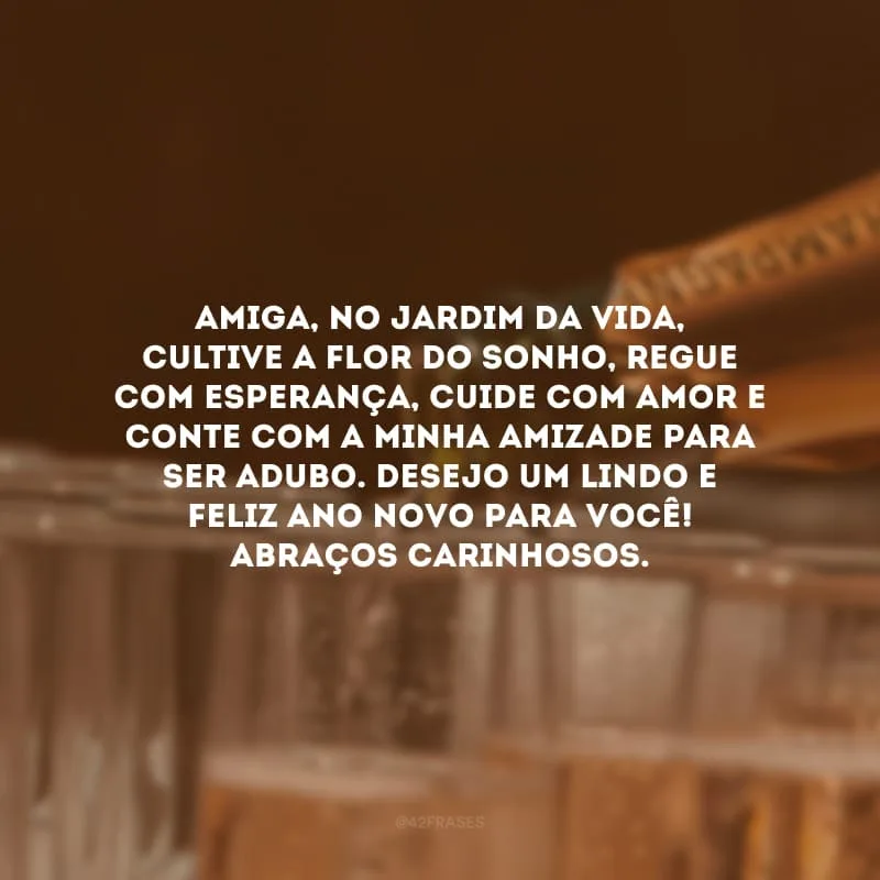 Amiga, no jardim da vida, cultive a flor do sonho, regue com esperança, cuide com amor e conte com a minha amizade para ser adubo. Desejo um lindo e feliz Ano Novo para você! Abraços carinhosos.