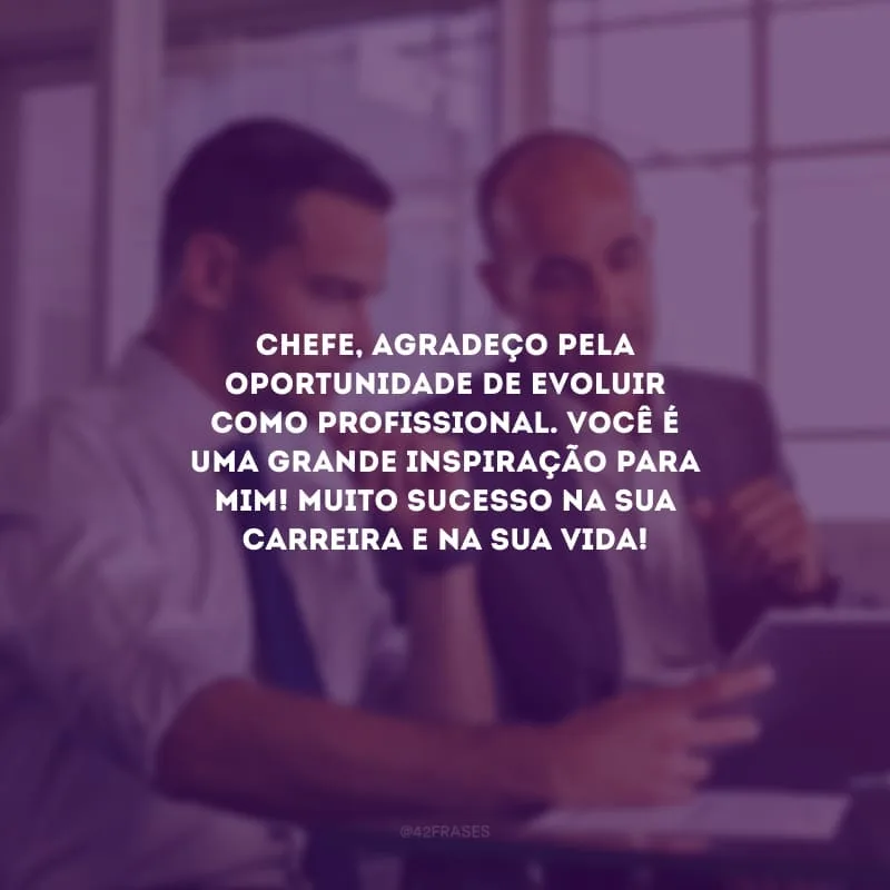 Chefe, agradeço pela oportunidade de evoluir como profissional. Você é uma grande inspiração para mim! Muito sucesso na sua carreira e na sua vida!