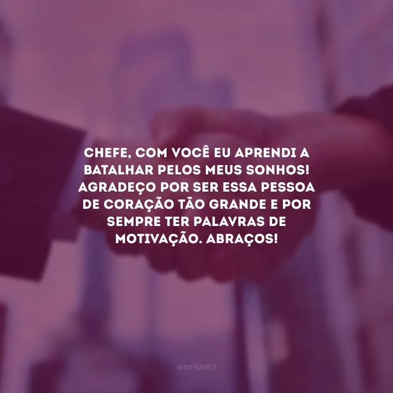 Chefe, com você eu aprendi a batalhar pelos meus sonhos! Agradeço por ser essa pessoa de coração tão grande e por sempre ter palavras de motivação. Abraços!