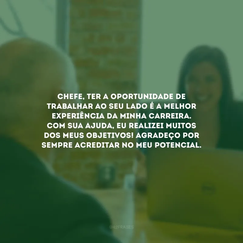 Chefe, ter a oportunidade de trabalhar ao seu lado é a melhor experiência da minha carreira. Com sua ajuda, eu realizei muitos dos meus objetivos! Agradeço por sempre acreditar no meu potencial.